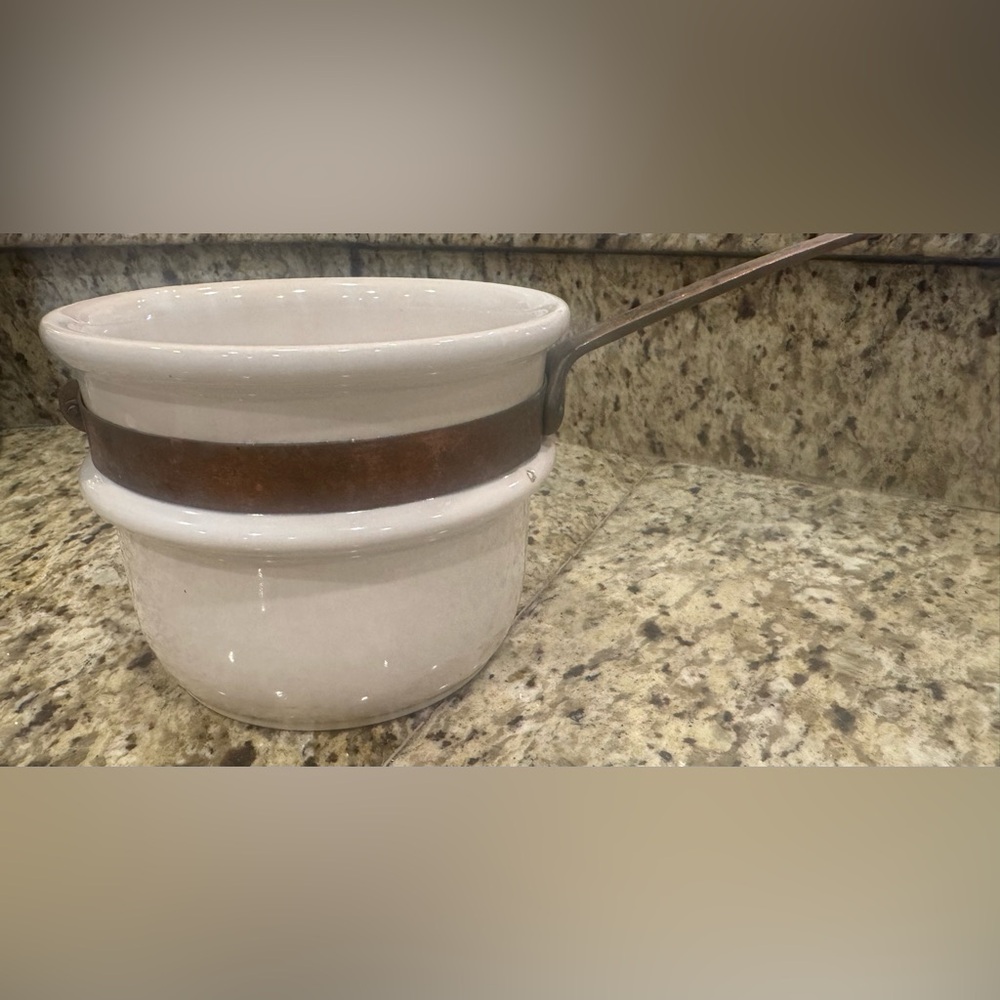B & M Douro Double Boiler Insert Ironstone Copper Band Brass Handle Pot Vintage